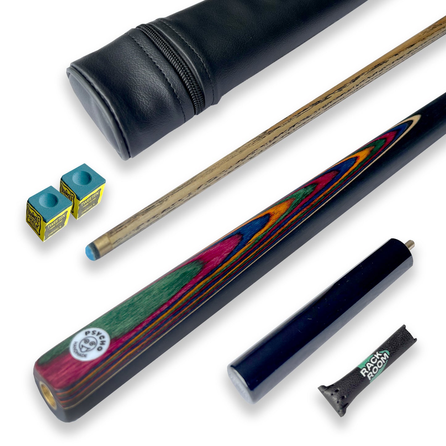 PSYCHO Cue & Tube Case Bundle 3/4 Joint Rainbow Edition 57" Inch 9.5mm Tip Ash Cue